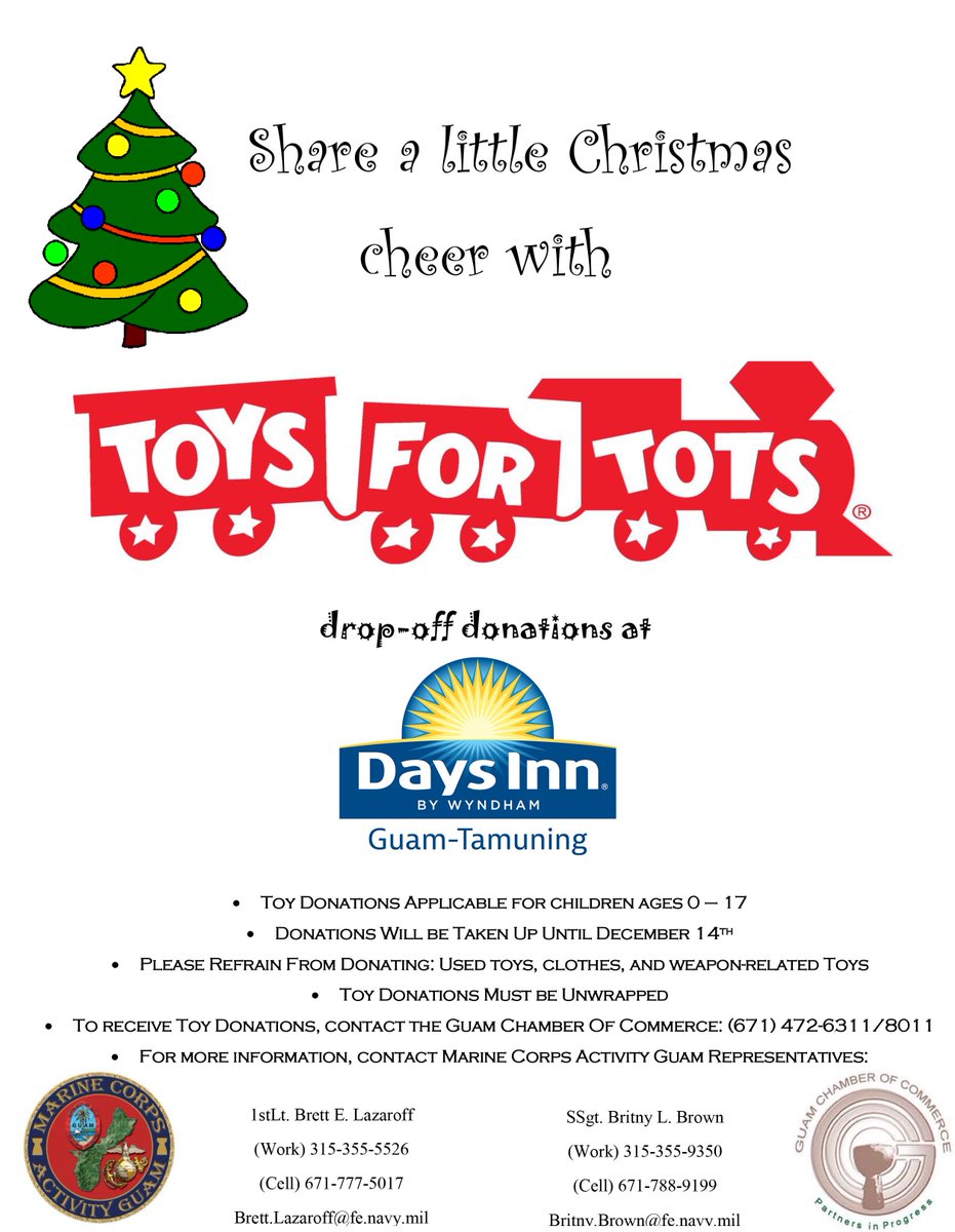 DaysInnGuam's tweet photo. Drop off a new unwrapped toy to Days Inn Guam and spread a little ❤️ &amp; holiday cheer! The Days Inn Guam family joins the @GUChamber &amp; US Marine Corps Activity Guam in this seasons' @ToysForTots_USA drive for children who may not have a present to unwrap this holiday. https://t.co/NQwUZFtw2N