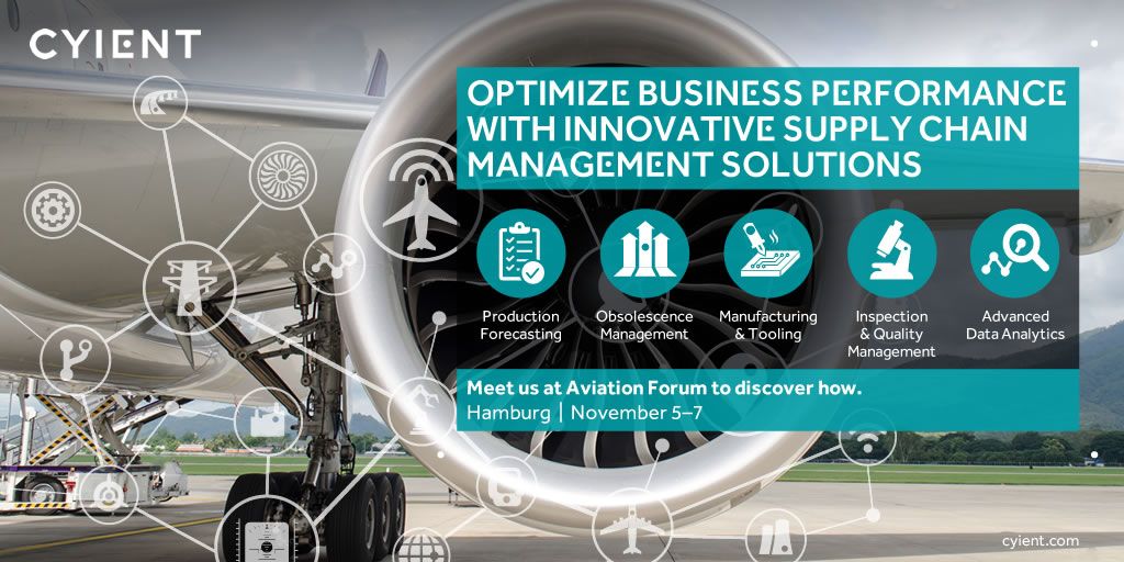 CyientAero's tweet photo. Looking to optimize your A&amp;D #supplychain in the era of #digital disruption? Meet our experts @AviationForum 2018 to learn how leading #aerospaceanddefense companies are leveraging our end-to-end solutions to digitize their #DesignBuildMaintain lifecycle. https://t.co/NhpARiFOT3 https://t.co/ii9iISUUhr