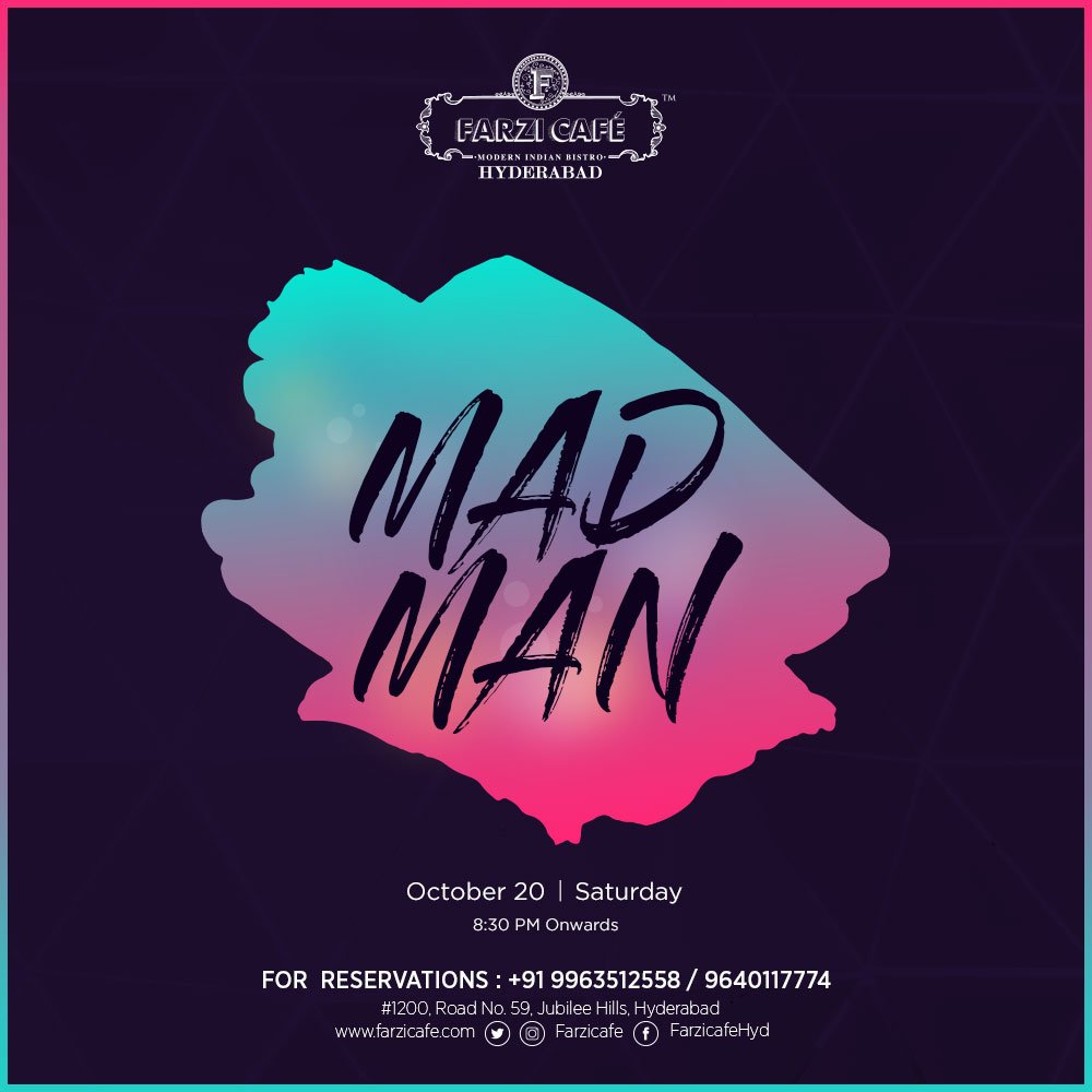 FarziCafe's tweet photo. Enjoy a fun filled Saturday Night with DJ Mad Man as he performs at Farzi Cafe, Hyderabad.
October 20| 8:30 Onwards
For Reservations: +91 9963512558/ 9640117774
#GetFarzified https://t.co/tn8vBTImlJ