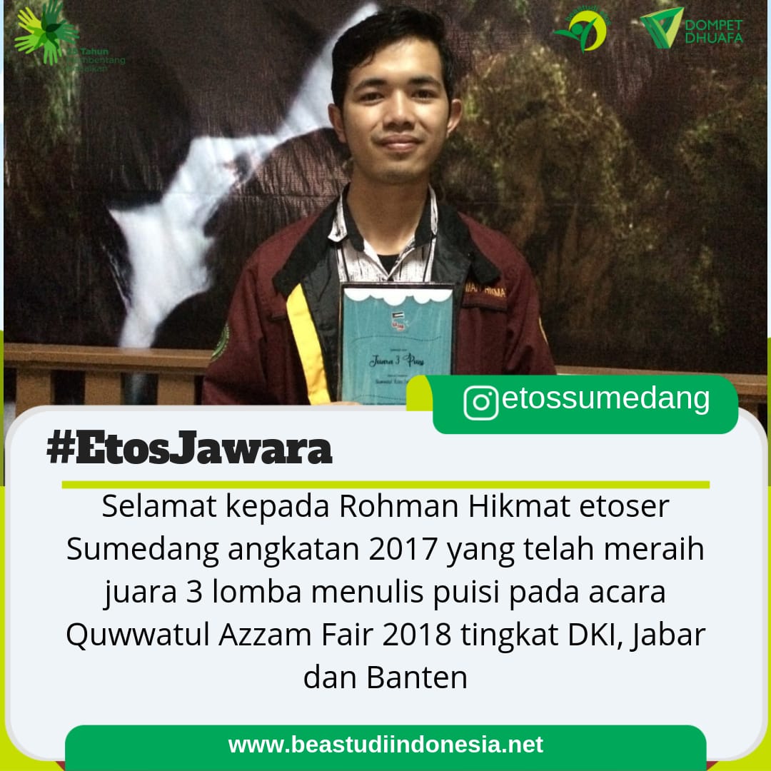 beastudiDD's tweet photo. Selamat juga untuk Kak Rohman π..
Semoga semakin memacu semangat untuk terus meningkatkan prestasinya..
#Prestasi #EtosJawara #BeastudiEtos #DDPendidikan #DompetDhuafa https://t.co/5WRfxi5qjQ