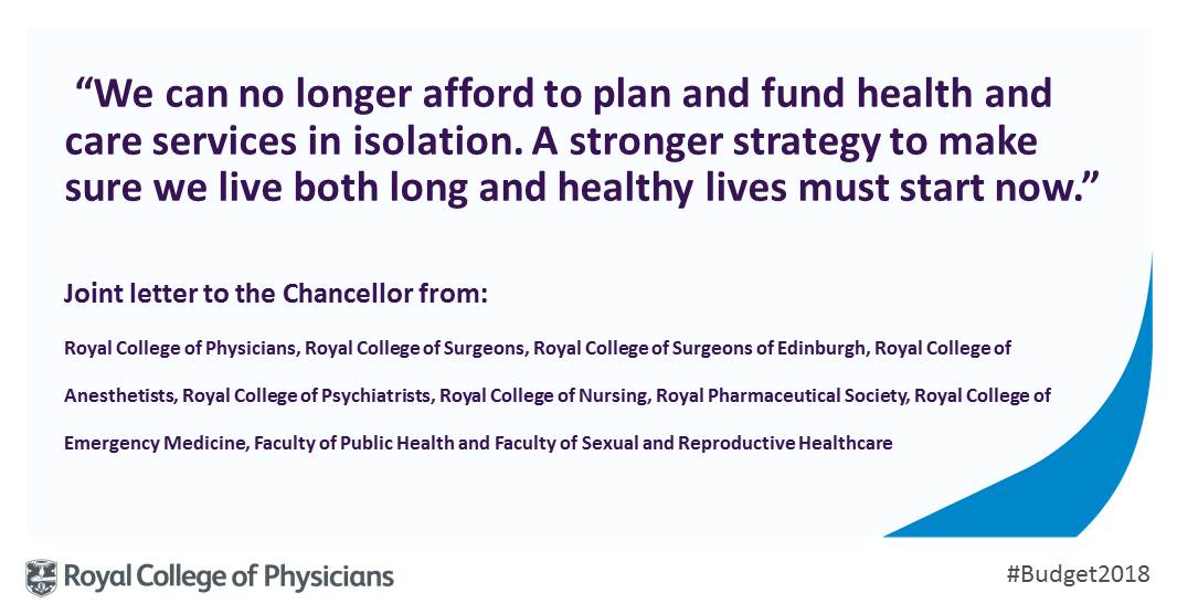 RCPhysicians's tweet photo. Ahead of the autumn budget, we've written to the chancellor setting out the case for the budget to deliver for adult social care, public health and workforce. Read the letter at 
https://t.co/g5Cg8GGeWs #Budget2018 https://t.co/eg9iUTqlKb