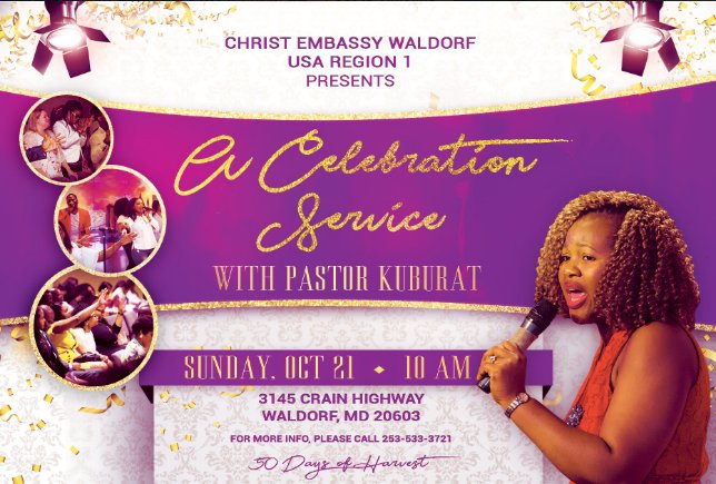 christemb_usa's tweet photo. On Sunday October 21st
Christ Embassy U.S.A Region 1, Christ Embassy Waldorf presents: ‘A Celebration Service with Pastor KB!
It’s time to celebrate our souls, to celebrate us, and to celebrate the lord!
#USAREGION1 #USAVZ1 #ChristEmbassy #PastorChrisOyakhilome https://t.co/Hx1vQf70Nh