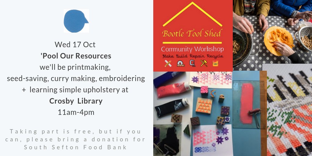 the_libraries's tweet photo. TODAY: Join us at #Crosby Library for Day One of 'Pool Our Resources. We start at 11am with seed-saving &amp; embroidery workshops. We'll be making curry &amp; chapattis from 1-2pm. And from 2-4pm it's printing &amp; simple upholstery. See you there? Everyone is welcome. @SeftonLibraries https://t.co/REFud8eFIE