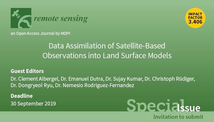 RemoteSens_MDPI's tweet photo. #call4papers  Submissions for new Special Issue: Data Assimilation of Satellite-Based  Observations into Land Surface Models(https://t.co/lAMBbueYwB)
Deadline: 30 September 2019
#remotesensing #Land_Surface_Modeling #Data_Assimilation https://t.co/VBtzGVroJ4