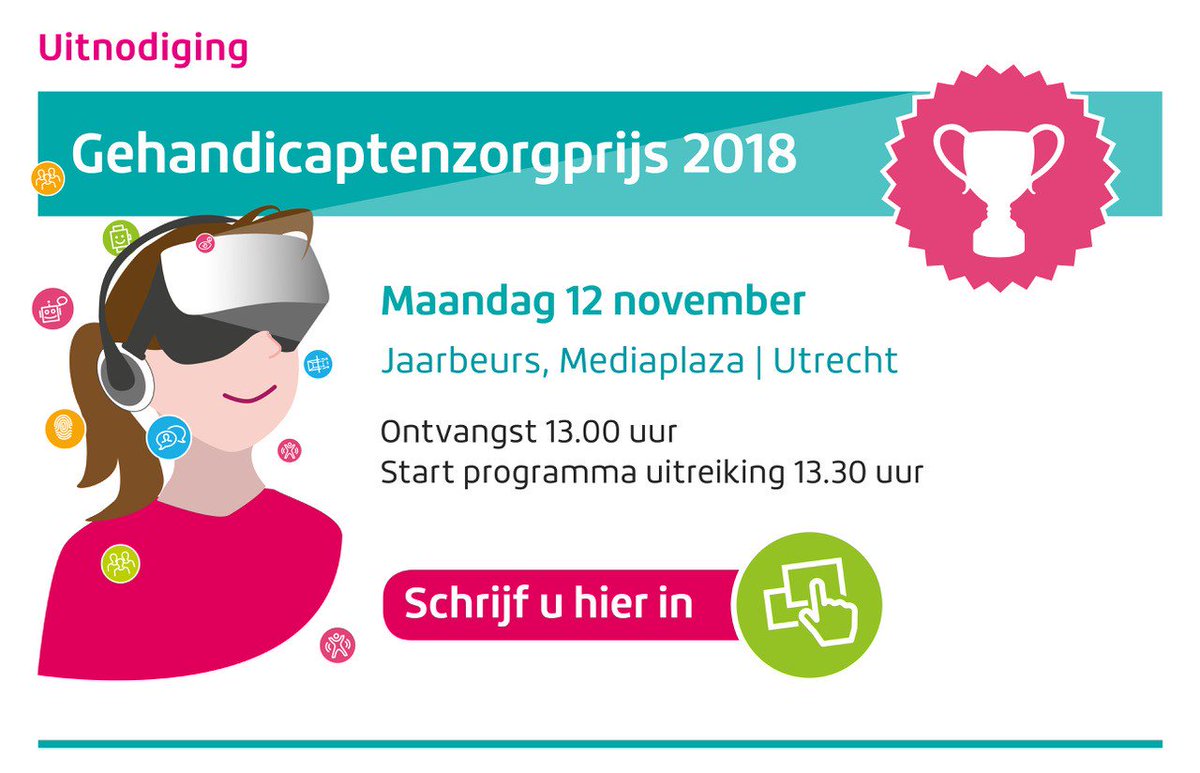 VGNbranche's tweet photo. UITNODIGING: 12 nov. maakt VGN de winnaar bekend van de #Gehandicaptenzorgprijs2018 op de Kennismarkt in Jaarbeurs Utrecht! Met inspirerende presentatie van VG innovators @JethroHardeman en @SuusNijmegen over het belang van innoveren. Meld je aan via: https://t.co/BuseIWL0hl https://t.co/YZywytQlSW