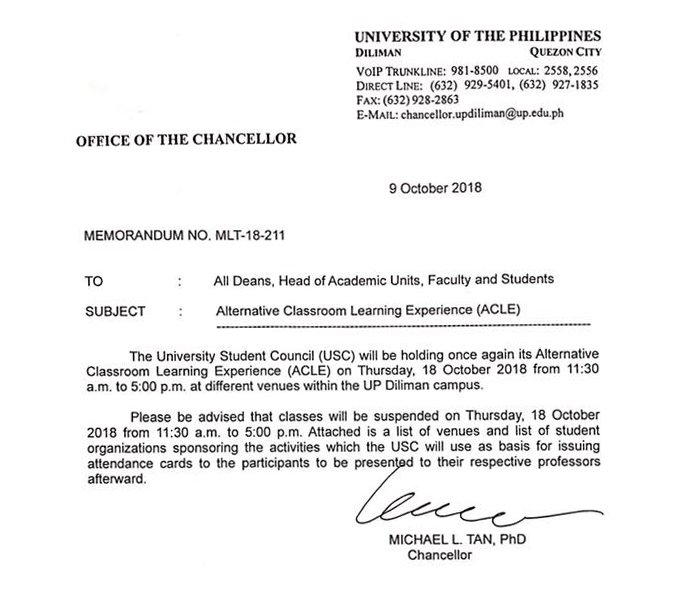USCUPDiliman's tweet photo. #ACLE2018

From the Office of the Chancellor:

“Please be advised that classes will be suspended on Thursday, 18 October 2018 from 11:30 AM to 5:00 PM.”

The USC will go around colleges starting today to ensure the suspension of classes. Please be advised. https://t.co/0XrvyzXZVX
