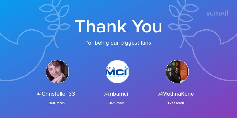 Our biggest fans this week: <a href="/Christelle_33/">Christelle Austruy</a>, @mbamci, <a href="/MedinaKone/">Medina Koné</a>. Thank you! via sumall.com/thankyou?utm_s…