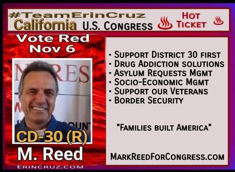 MorningInUSA123's tweet photo. CA30: Mark Reed is the candidate we need to solve the problems resulting from 22 YEARS of neglect by the incumbent. Mr Reed is winning hearts & minds in our Valley & beyond. He's the Congressman WE need to advocate for US. #VoteRed #VoteReed visit https://t.co/NJeFNwtLAY https://t.co/BlxBCNmoBG