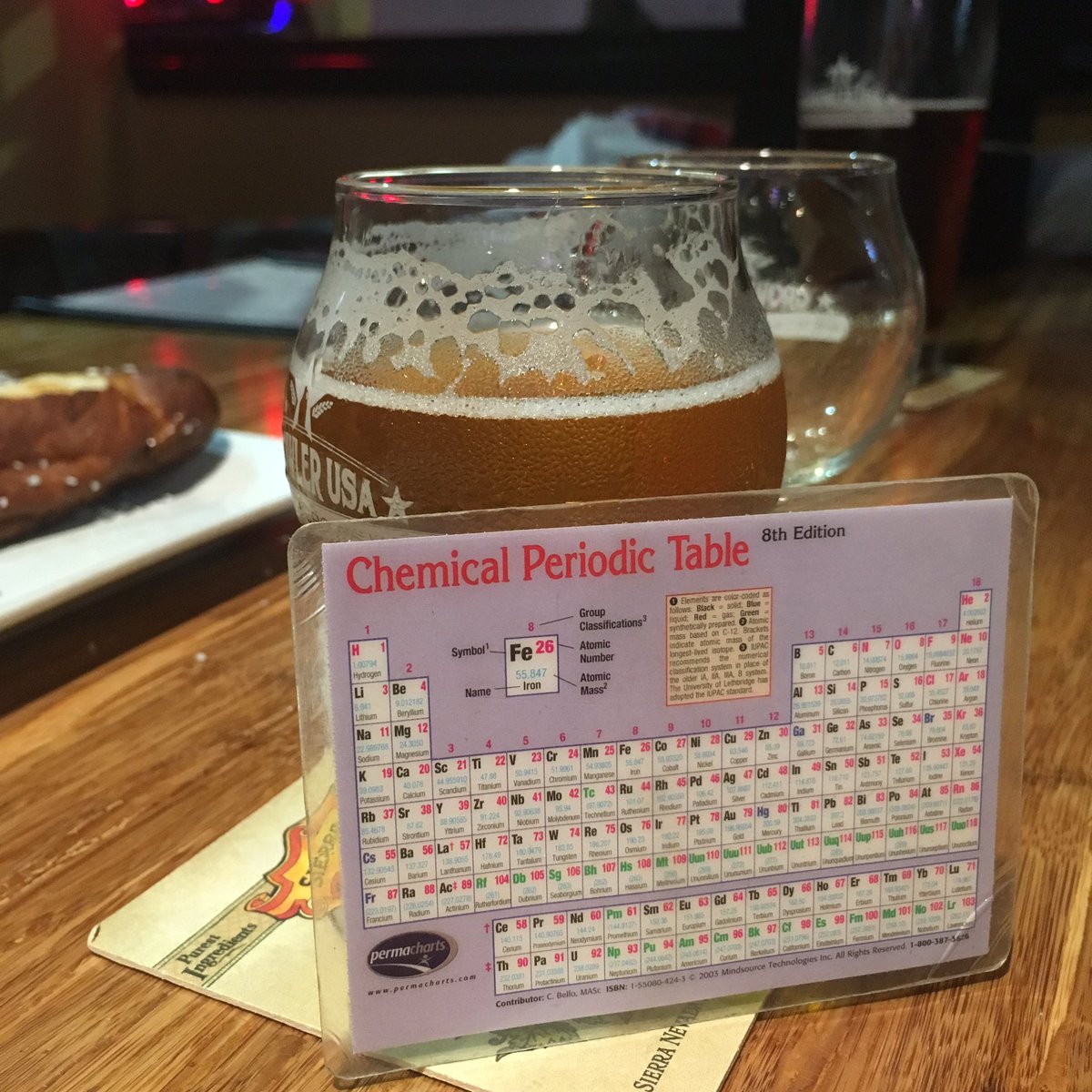 MargaretBrisbin's tweet photo. An untraditional #tinyprettytuesday - the tiniest periodic table and a tiny beer compliments of @shu251 #scienceconferences #ECODAS2018 #tinypretty https://t.co/RYwa3vT4RA