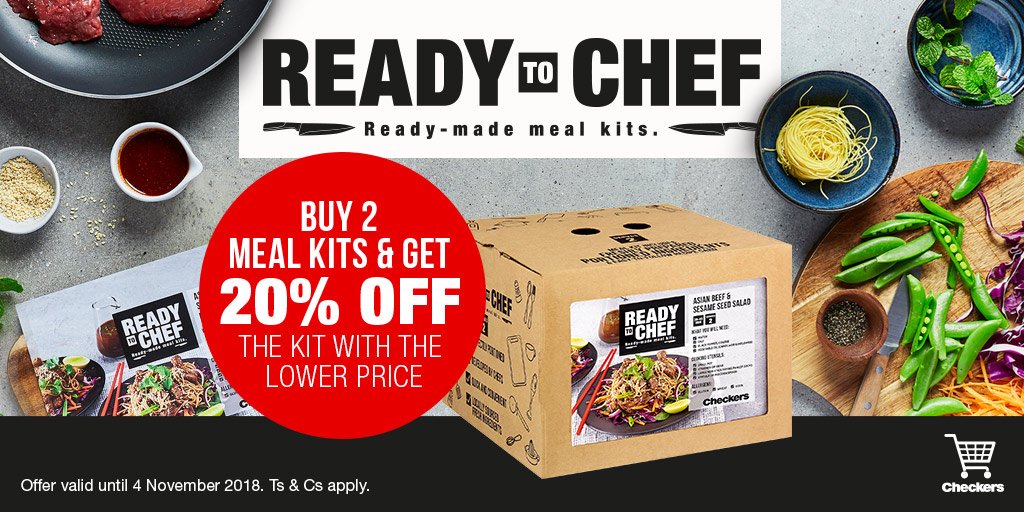 CheckersSA's tweet photo. Have you tried all the #ReadyToChef meal kits? Now’s the perfect time! Buy 2 now and GET 20% OFF the kit with the lower price. This week’s menu >> https://t.co/2InLzgdlKX https://t.co/8xv8guXysu