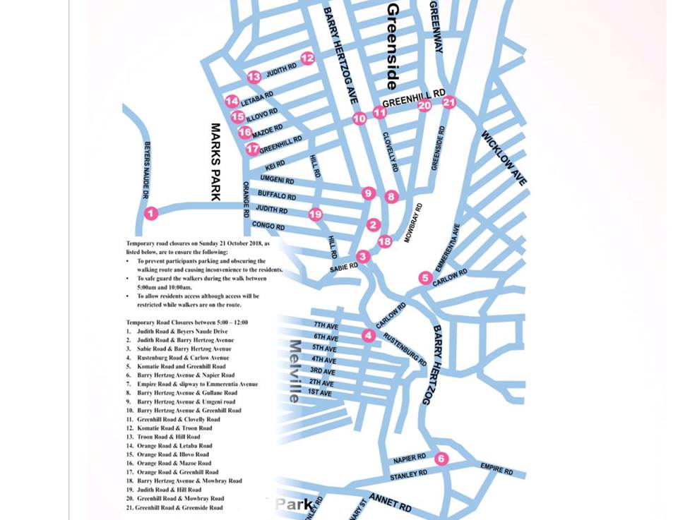 Avon  Walkathon this Sunday the 21st. Please be aware of road closures.  Resident Pass stickers available at the Emmarentia Library on Barry  Hertzog. Please take proof of residence to collect!