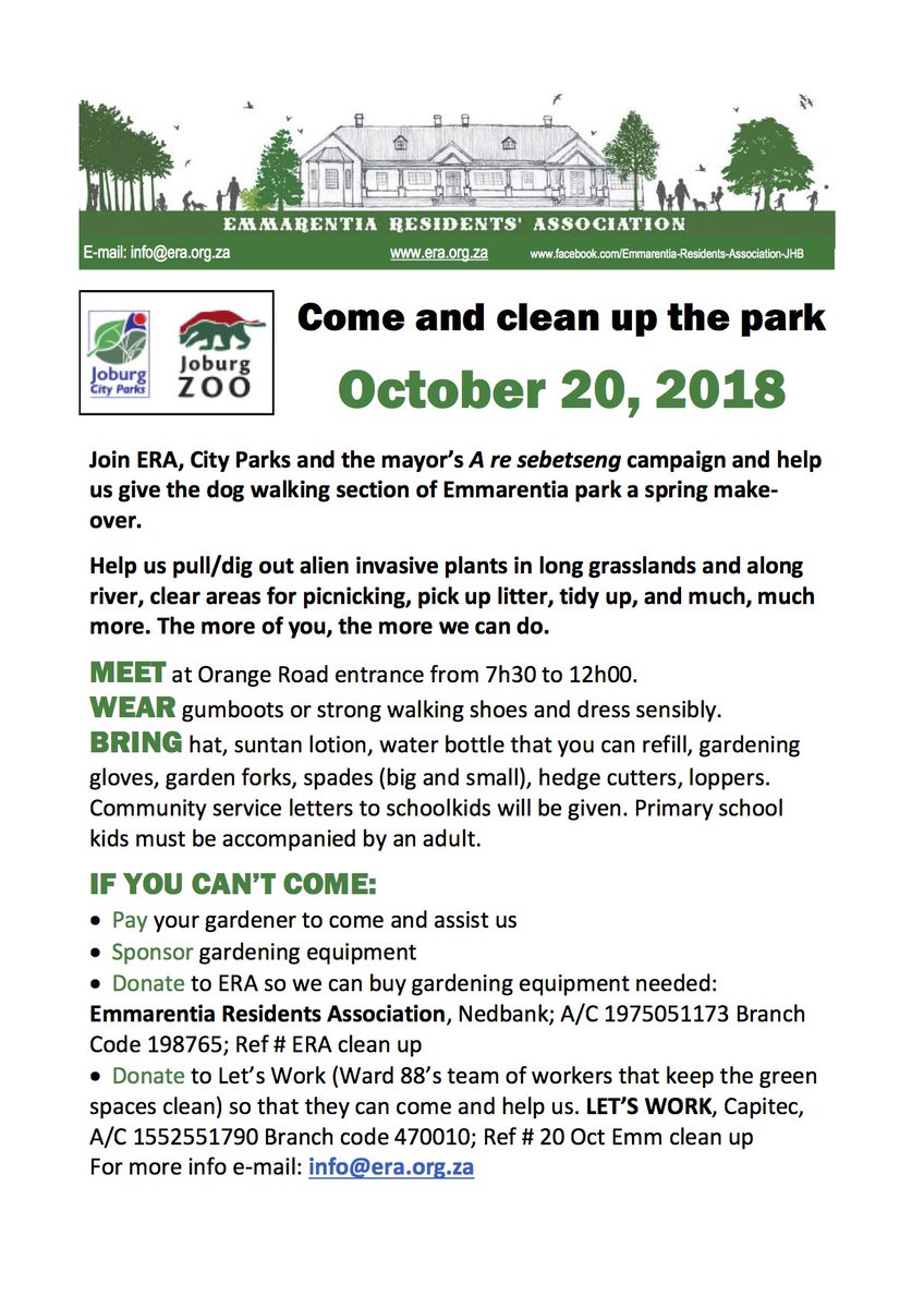 ERA cleanup this Saturday at Emmarentia Park, please come and join us!