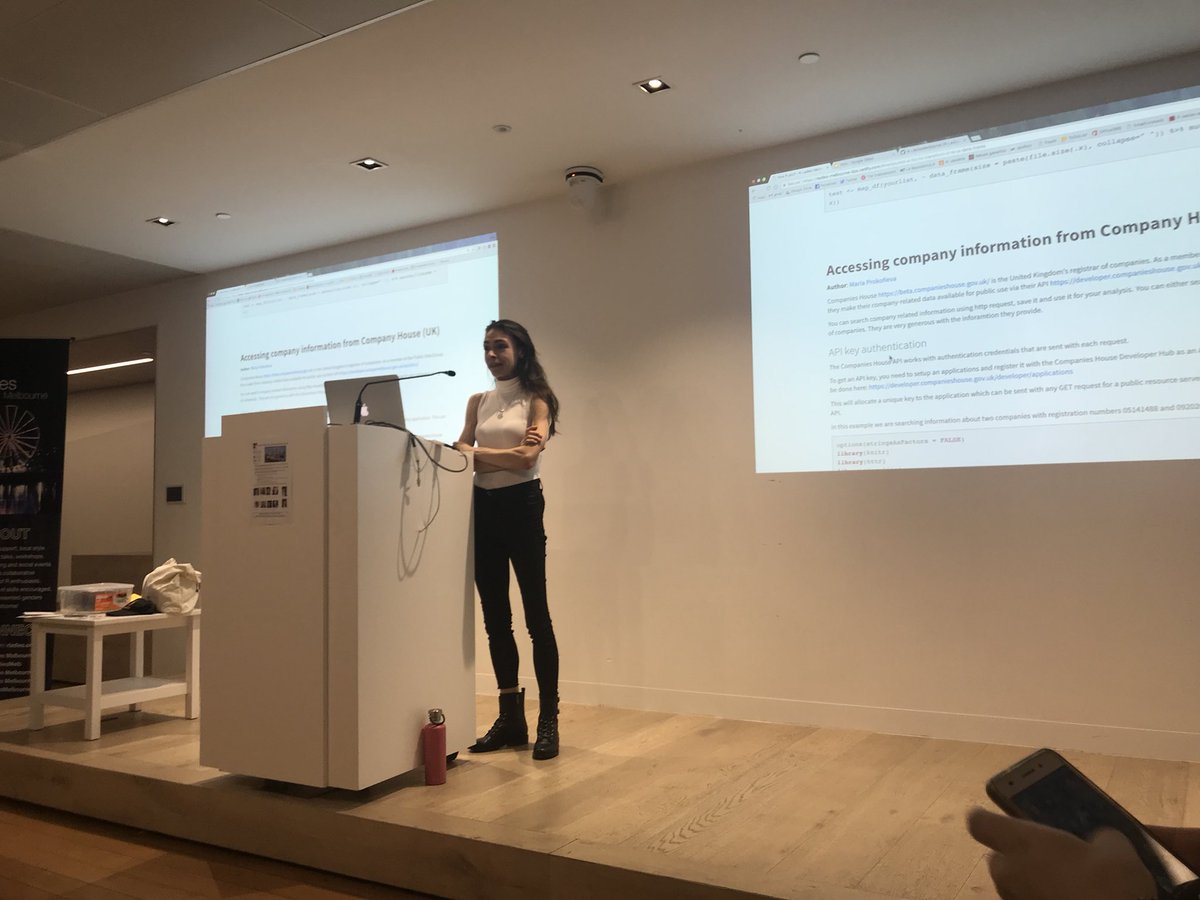 RLadiesMelb's tweet photo. #MariaProkofieva is talking about #httr and #jsonlite packages to analyse open data such as #companyhouse data. https://t.co/Y9fp13zj6r