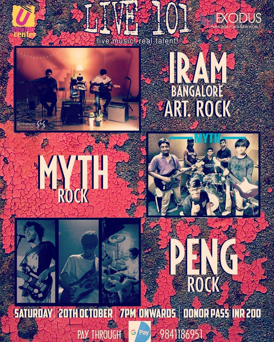 EdisonPrithivi1's tweet photo. Live 101 this Saturday IRAM (bangalore), MYTH &amp; PENG concert doors open by 6:30pm be there... https://t.co/wWBkWAesL3