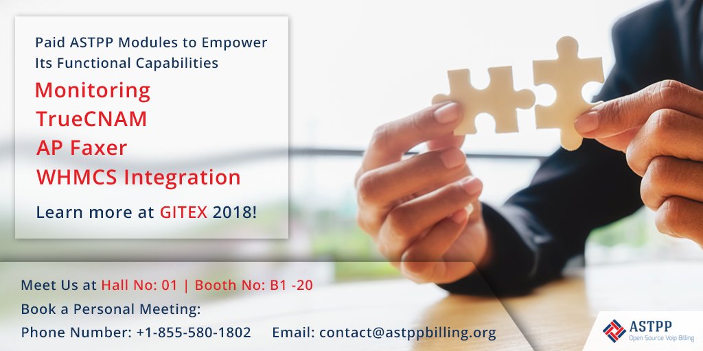 astpp_official's tweet photo. Paid ASTPP Modules to Empower Its Functional Capabilities. Visit us to know more.
#TrueCNAM #CNAM #WHMCS #FoIP #FaxServer #SIP #BillingSolution #OpenSource #BillingSoftware #VoIP #GITEX2018 #GITEXFutureStars #GITEX #Expo #TradeShow https://t.co/eaBGUK0MXu