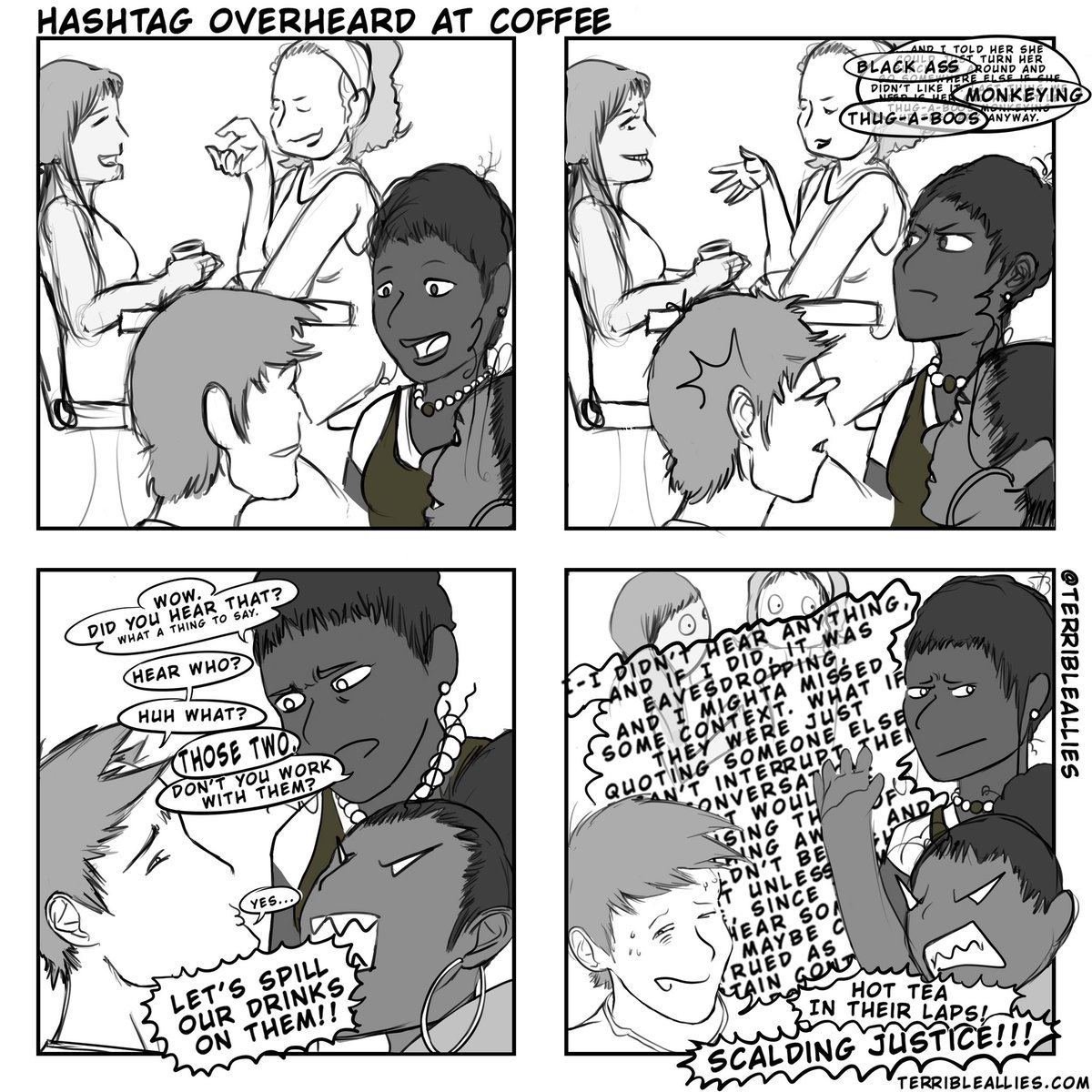 TerribleAllies's tweet photo. I overheard something at the coffee shop. Oh, wait, you heard it too? What if we both pretend we didn’t hear it? Then we can just keep sipping our expensive coffee. https://t.co/YHJeEW20YH 
#terribleallies #microaggcomic https://t.co/9LVDWyO1cr