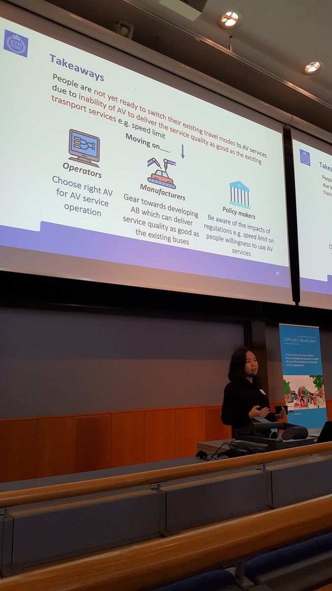 Esther <a href="/KTHitrl/">Integrated Transport</a> at #drivesweden today: people are willing to use AVs but more work is needed to get it working. here are some advise:
