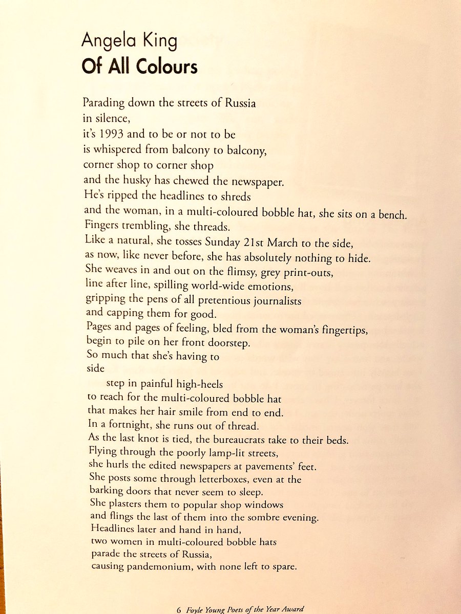 ‘Two women in multi-coloured bobble hats/ parade the streets of Russia...’

- a totally alive poem by 15yr old Angela King... with a fascinating context (in 1993 homosexuality was decriminalised in Russia) #FoyleYoungPoets