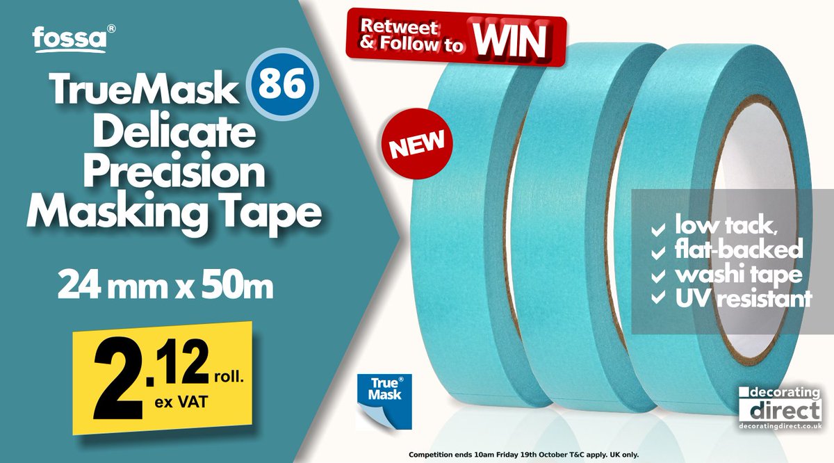 decoratingdirec's tweet photo. Retweet &amp; Follow to WIN 3 rolls of our NEW Fossa TrueMask 86 Delicate Precision Masking Tape @decoratingdirec 
5 winners to be chosen.
Ends 10am Friday 19th October 2018.
https://t.co/P6ofRTNtTR https://t.co/Dth7dd4NCL
