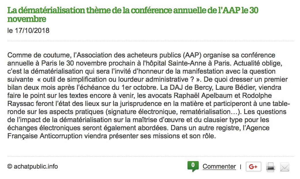 achatpublicinfo's tweet photo. 📅 La #Dématérialisation thème de la conférence annuelle de l’Association des acheteurs publics (AAP) le 30 novembre... #MarchésPublics https://t.co/oXMXClIKO0 https://t.co/i3Jum9QQ9h