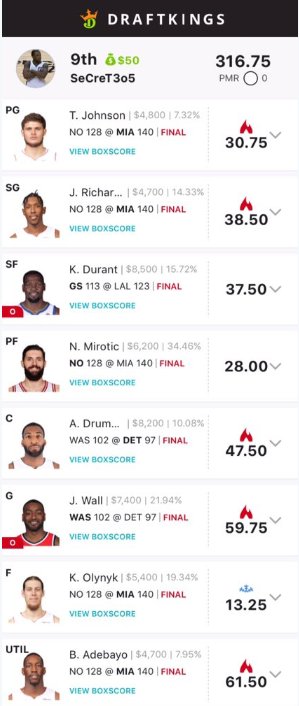 SecretDFS's tweet image. got top ten in gpps in one of the last preason slates. On this one i turned one dollar to 50$. obviously i played cash games and killed it, but i like to sprinkle in my lineup every once in a while into gpps, and yea the results were clean!! 🤑🤑🤑 #DFS #DraftKings