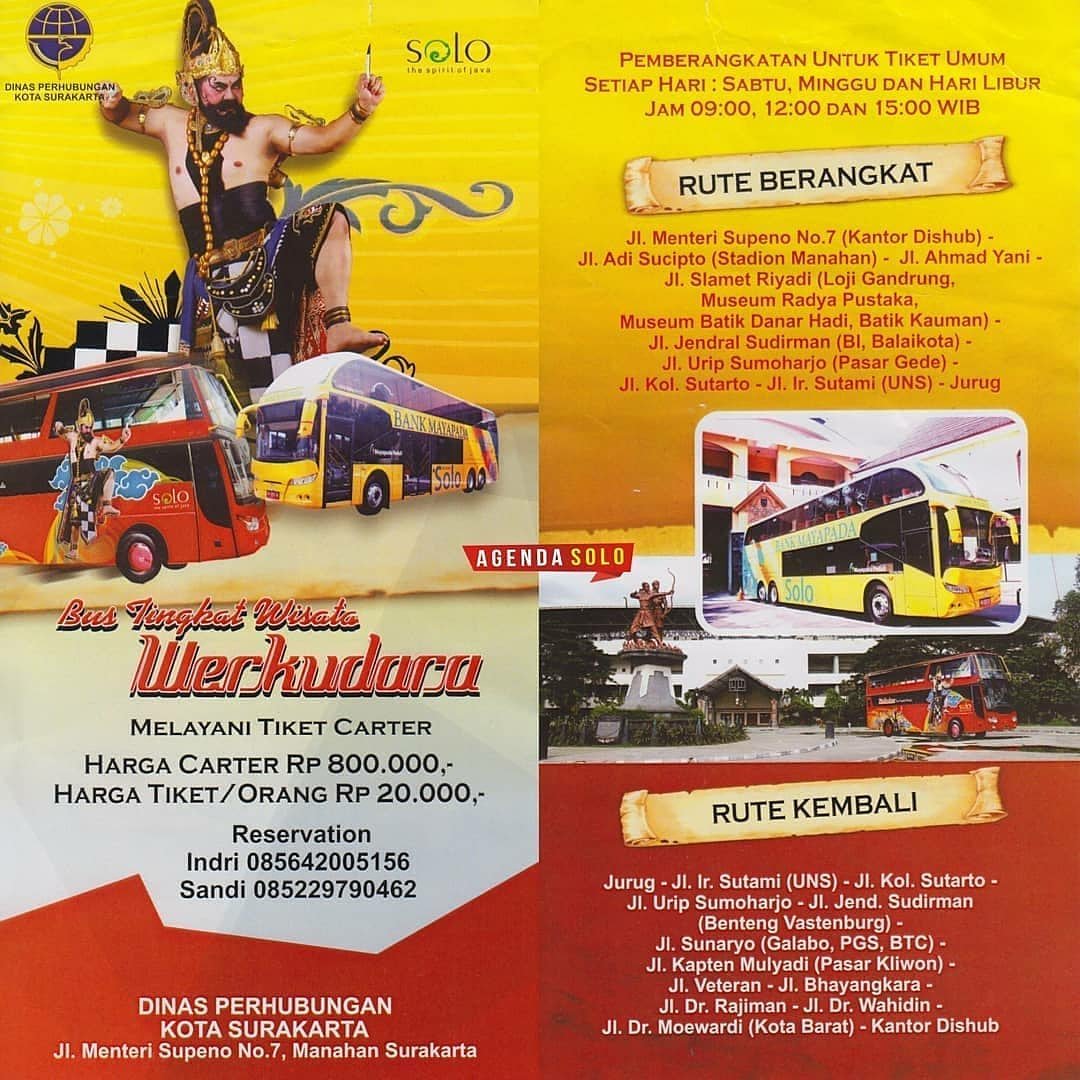 PariwisataSolo's tweet photo. Yuukk keliling Kota Solo dengan bus tingkat Werkudoro.
.
Start dari Kantor @dishubsurakarta sampai jurug /Solo Zoo, beroprasi pada hari Sabtu- Minggu dan di hari libur, sehari bus tingkat werkudoro ini keliling 3 kali pada pukul 09.00 , 12.00 , 15.00 WIB.
.
#ayokesolo https://t.co/VeMerrsBG2