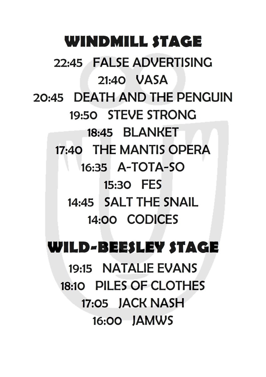 Stage times for UPGEFUKT FEST <a href="/WindmillBrixton/">Windmill Brixton</a> on Saturday

<a href="/falseadv/">False Advertising</a> <a href="/vasaband/">VASA</a> <a href="/datpmusic/">Death and the Penguin</a> <a href="/sstrongmusic/">Steve Strong</a> @blanketsounds <a href="/TheMantisOpera/">The Mantis Opera</a> <a href="/atotaso/">a-tota-so</a> <a href="/SalttheSnailUK/">Salt the Snail</a> <a href="/CodicesMusic/">Codices</a> @natalieevansuk <a href="/PilesOfClothes/">Piles of Clothes</a> <a href="/jacknash/">Nash Jack</a> <a href="/I_am_Jamws/">Jamws</a> <a href="/GlobalCityMGMT/">GlobalCityMusicMGMT</a> <a href="/lonelyvoyagerec/">Lonely Voyage</a> <a href="/PortalsLondon/">Portals London</a>