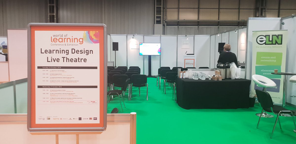 samyatesdesign's tweet photo. All set up ready for day 2! Come & meet the network & hear some great speakers & dont forget we have free coffee! #WOL18 @elearningnetwk #learningdesignlive https://t.co/OyJa9fwxt5