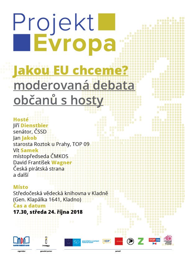 ProjektEvropa's tweet photo. Po Kladně už můžete potkat plakáty na další debatu Projektu Evropa. Do @SVKvKladne s vámi přijedou o EU debatovat @jiridienstbier z @CSSD , @Jan_Jakob z @TOP09cz , Vít Samek z @odbory nebo David F. Wagner z @PiratskaStrana a další.

Těšíme se na vás ve středu 24. října od 17.30! https://t.co/DyZZ6ejDcJ