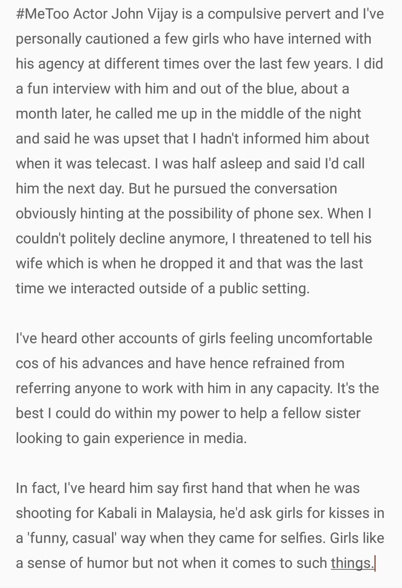 #MeToo This incident happened in 2014 with actor John Vijay. Thanks hubby @NOTamitbhargav for the nudge. And thanks @Chinmayi @TheRestlessQuil for making noise. I'm speaking up too! #TimesUp @muthupradeep you know when this happened.