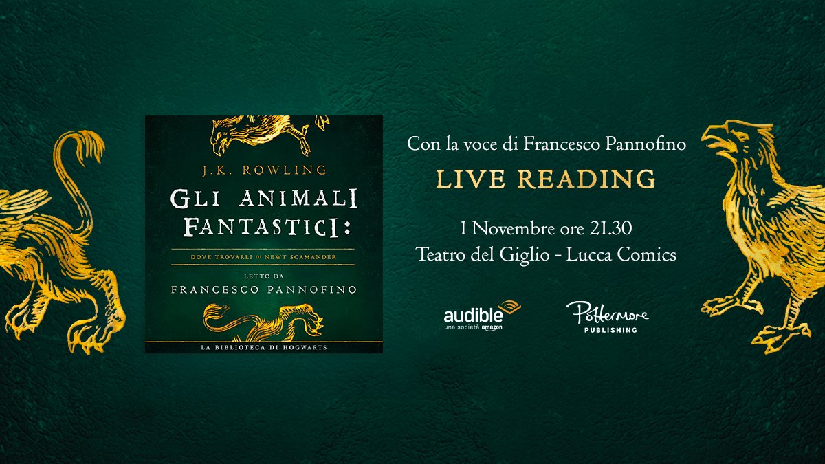 Audible.it (@audibleit) on Twitter photo Una serata fantastica ti aspetta al Lucca Comics&Games con Audible!
Il 1 Novembre, presso il Teatro del Giglio, il live reading di Francesco Pannofino trasporterà tutti i partecipanti nel mondo di “Gli Animali Fantastici: dove trovarli”. Non mancare! <a href="/LuccaCandG/">Lucca Comics & Games</a> <a href="/jan_novantuno/">Gianmaria Tammaro</a> Una serata fantastica ti aspetta al Lucca Comics&Games con Audible!
Il 1 Novembre, presso il Teatro del Giglio, il live reading di Francesco Pannofino trasporterà tutti i partecipanti nel mondo di “Gli Animali Fantastici: dove trovarli”. Non mancare! <a href="/LuccaCandG/">Lucca Comics & Games</a> <a href="/jan_novantuno/">Gianmaria Tammaro</a>