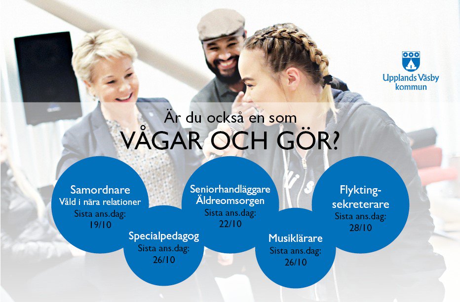 Exempel på lediga, viktiga jobb i kommunen just nu. Vi söker bland annat en vikarierande samordnare för våld i nära relationer och en flyktingsekreterare till enheten för ekonomiskt bistånd. Är du också en som vågar och gör? 
upplandsvasby.se/karriar