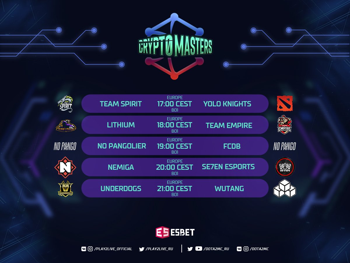 play_2_live's tweet photo. СryptØmasters schedule - Day 3.
Start on 17.00 CEST. Format: Best of 1.

🔥 Join: https://t.co/Umnh1t5cd2

#p2lcryptomasters #cryptomasters #dota2 https://t.co/SEKCjsOHOG