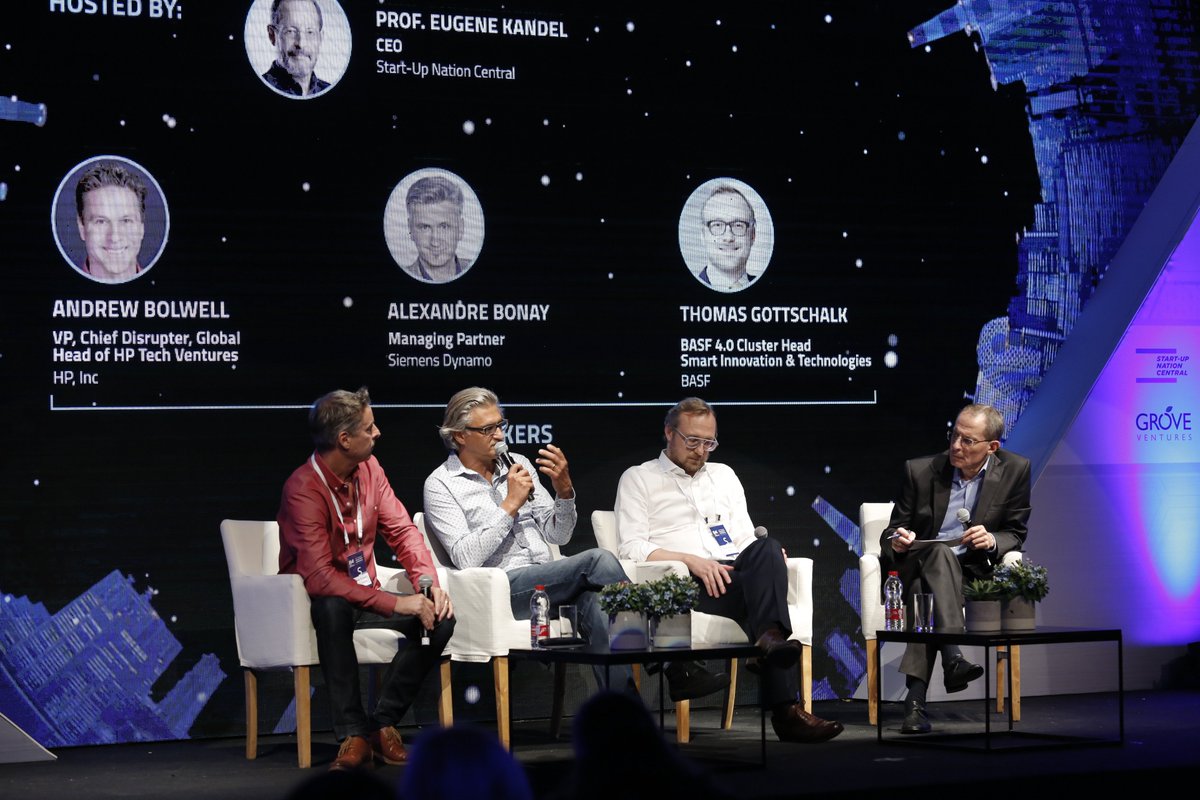 sncentral_'s tweet photo. 5th Panel: How Does the Future Look from Here? Start-Up Nation Central's CEO, Prof. Eugene Kandel with Alexandre Bonay, Managing Partner of Siemens Dynamo, Thomas Gottschalk, Cluster Head Smart Innovation @BASF & Andrew Bolwell, VP Chief Disrupter, Global @HP #II42018 #GroveVC https://t.co/dqc9LtjAIR