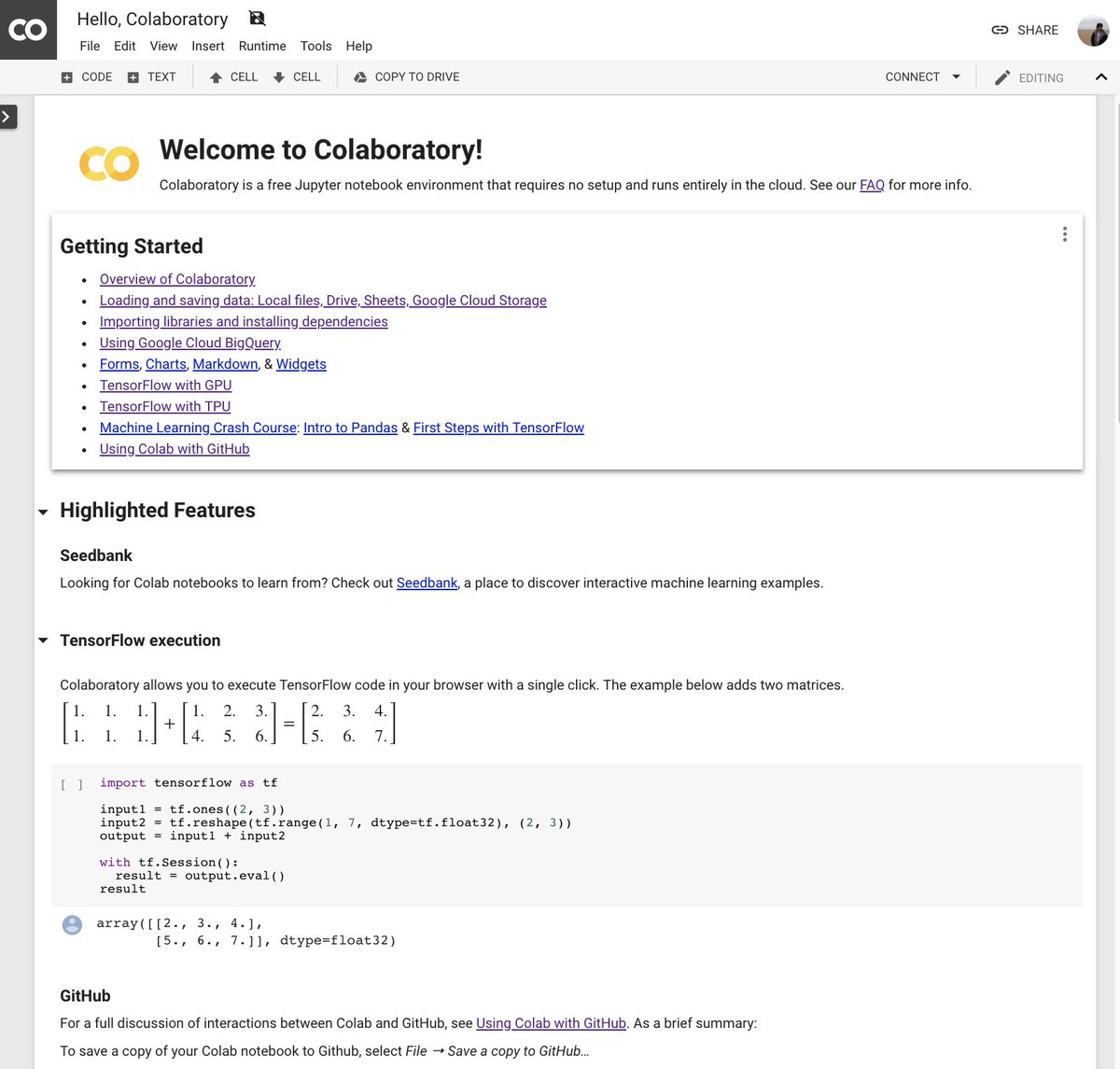 Just discovered <a href="/GoogleColab/">Colaboratory</a>, a free Jupyter notebook environment that requires no setup and gives you access to free cloud GPU and TPU acceleration. Super impressed so far and definitely recommend checking it out! ☁️💻 colab.research.google.com