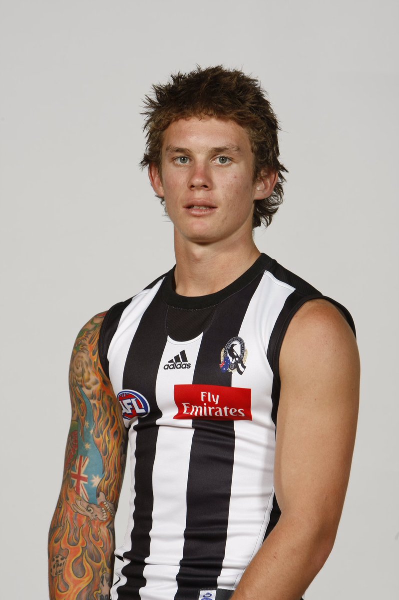 CollingwoodFC's tweet photo. We’ve just picked up a kid from Queensland. He comes with big wraps, tattoos on his arm + knows his way around goals. He’s hard at it, can kick with both feet + brings his teammates into the game. We did this cheeky Photoshop of him earlier #FOREVER https://t.co/MIgUc3aEFj
