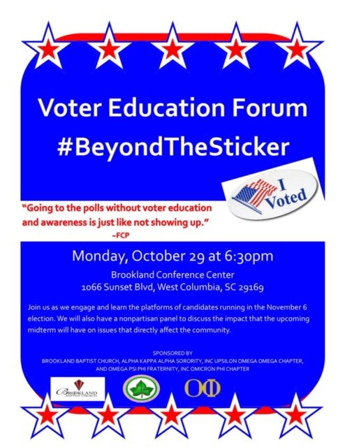 AKAUOO's tweet photo. Join us for the Voter Education Forum on Oct. 29, 2018, at Brookland Baptist Conference Center 1066 Sunset Blvd, West Columbia, SC.
Invite your friends and family. Learn what you can do to move beyond the sticker on Election Day. #BeyondTheSticker #AKAUOO https://t.co/mcBgLQC4W6