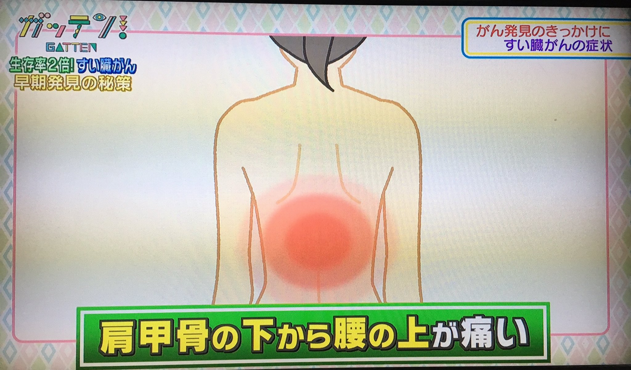 ゆうゆ Na Twitterze 2つ以上あれば検査を 親族にすい臓がん経験者がいる 慢性膵炎 糖尿病 飲酒 ビール350ml3本以上は危険 喫煙 すい臓がんの症状 みぞおちあたりの痛み 軽いことが多い 背中の痛み 肩甲骨の下から腰の上が痛い 急な血糖値上 油