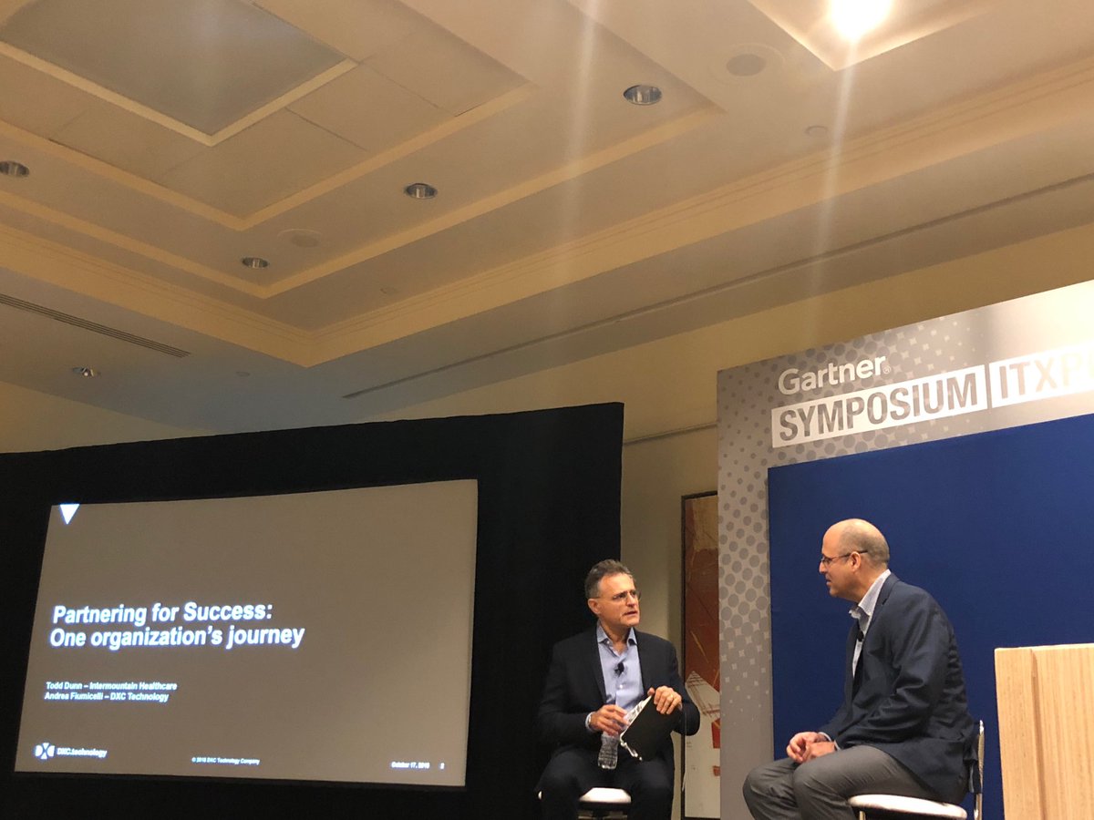@AndreaFiumicelli (#dxc.technology) and <a href="/ToddDunn/">ToddDunn</a> (#intermountain healthcare), discussing the role partnerships in driving health outcomes at #gartner2018