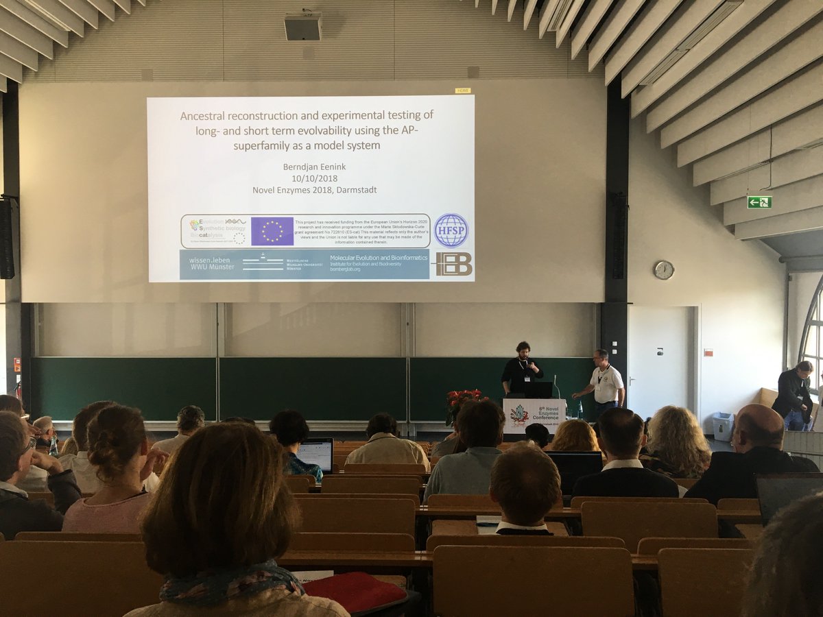 ESCat_H2020's tweet photo. ES-Cat Researcher Berndjan Eenick presenting at Novel Enzymes 2018 in Darmstadt last week. What makes an enzyme evolvable?
#molevo #evolution #phdchat
#ECRchat https://t.co/pOojqVO8XJ