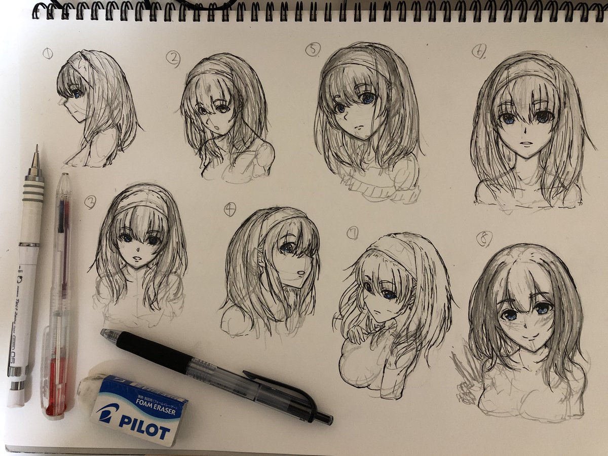 ラストふみふみ
二日間で8人の鷺沢さんの顔を描きましたね
絵の大きさがクレッシェンドしてる感。

ちなみに写ってる文具たちは共にした仲間です 