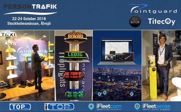 PointguardEU's tweet photo. Visit Pointguard at @persontrafik 2018 exhibition in Stockholm Oct 22-24. You'll see smart iToplight taxi roof signs, cloud-based taxi surveillance (iFleetcam) and more: https://t.co/Lqgh4uO3NY. With us in stand C05:41 are the great guys from @TaxiButler. #persontrafik2018 https://t.co/DbafxGTBGD