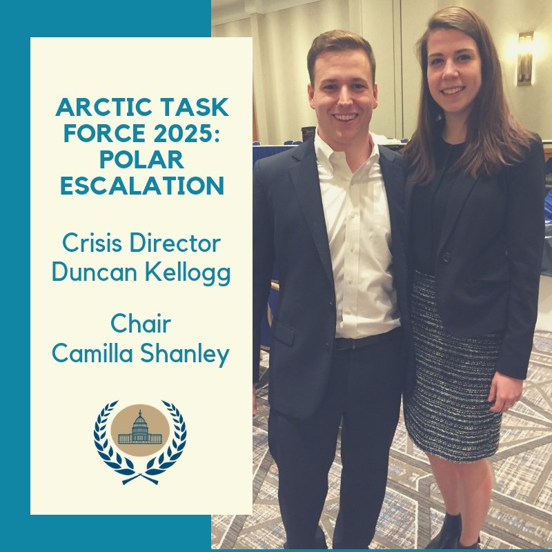 WAMUNC's tweet photo. Crisis Director Duncan Kellogg and Chair Camilla Shanley are the #dyamicduo behind Arctic Task Force 2025: Polar Escalation. They're part of #GWU Strategic Crisis Simulations. Learn more at https://t.co/7ewhDdqX6m! #wamunc #wamuncxxi #OnlyAtGW https://t.co/DKiXvfuOMD