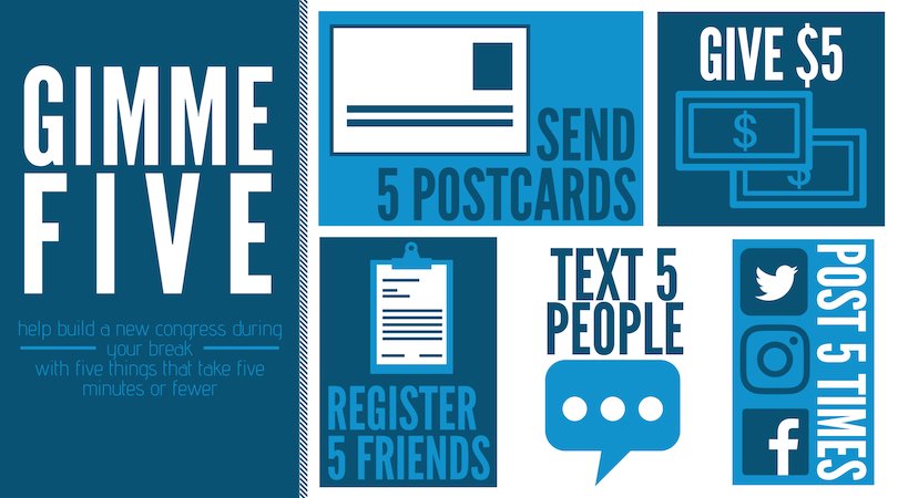 Today we're launching #Gimme5: easy ways to support candidates in close races around the country. Each action takes only 5 minutes, so anyone can do them! RT to share with all those who wish they had more time to volunteer. #BlueWave futureforumpac.com/gimme5/