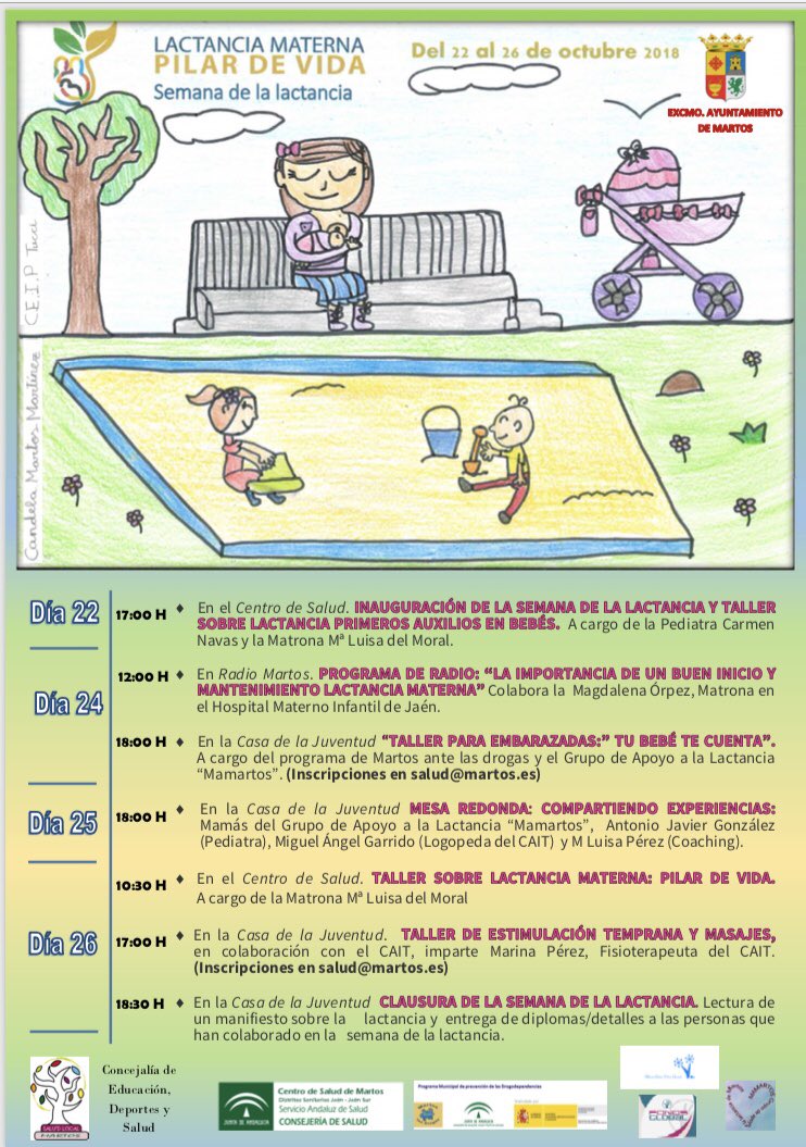 amadorjeh's tweet photo. Programación preparada desde el Plan Local de Acción en Salud del @AytoMartos para conmemorar la Semana Mundial de la Lactancia Materna #SMLM2018 en nuestra ciudad:talleres, mesas redondas, concursos de fotografía y dibujo, programas de radio... No te lo pierdas, participa!!! https://t.co/rw5QpogMut