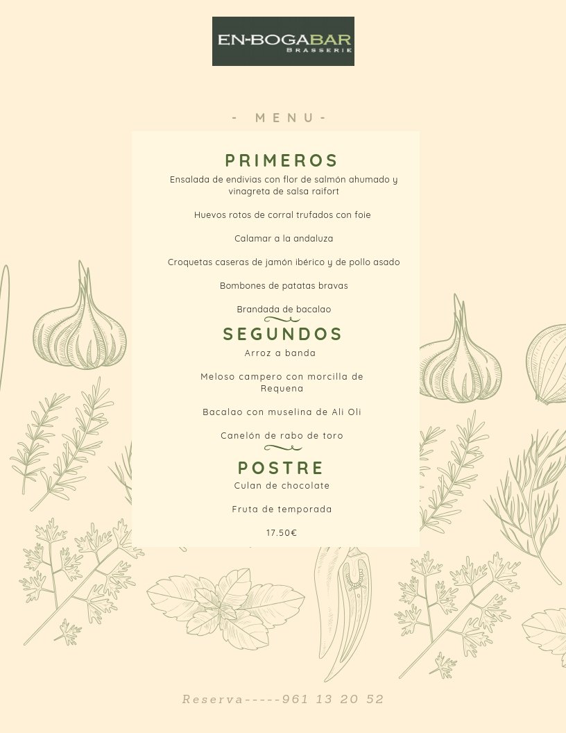 🍴MENÚ DEL DÍA🍴 Tiene pintaza, ¿verdad? 😋 Pues no sabemos a qué esperas para venir a probarlo..👏🏼 Como siempre tenéis un primero, un segundo y un postre a elegir..✍🏼 ¡Feliz #miércoles! #enbogabar #tapas #arroces #brasserie #gastrobar #valencia