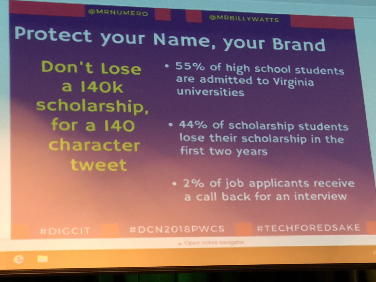 AJTechSuper's tweet photo. “Don’t lose a 140k scholarship for 140 character tweet.” #DCN2018PWCS  @PwcsTechnology @PWCSNews https://t.co/I3T0LYvqei