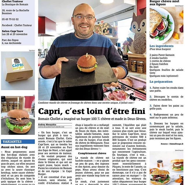 Caprinov's tweet photo. Envie de tout savoir sur le #capriburger ? Alors lisez l'article paru dans Niort Ma Ville 😉
#caprinov2018 #burgerdechevre #burger #recettedujour #instarecette https://t.co/QNzoHTxGNp https://t.co/ZiKBLZTOxc