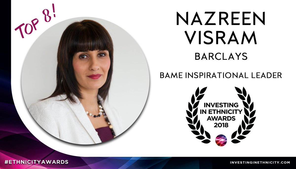 EthnicityInvest's tweet photo. Nazreen Visram (@VNazreen) of @Barclays has been shortlisted as an #EthnicityAwards ~ Top 8 BAME Inspirational Leader ~. Check out the other nominees at https://t.co/nwLGyN0Rsy 🏆 https://t.co/aukK0N1uAL