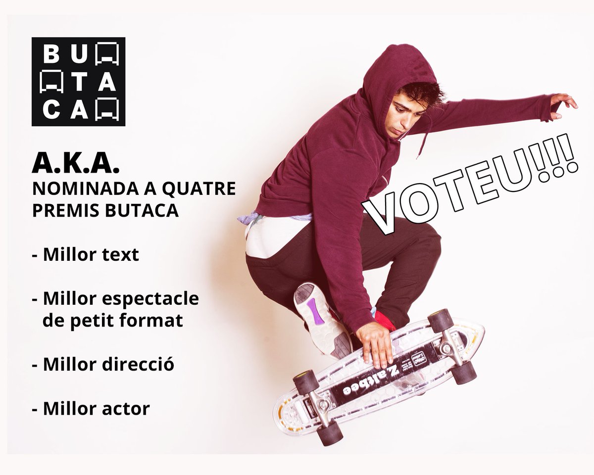 SalaFlyhard's tweet photo. I després de triomfar als #PremisTB, nova pluja de nominacions als #Butaca18 per @AkaBcn 🥳
🏆 @danijmeyer per millor text teatral
🏆 Millor espectacle de petit format
🏆@montserodriguez a millor direcció
🏆 @salazaralbert95 a millor actor
Voteu aquí 👉 https://t.co/vLd8UlWkXl https://t.co/rFdoqEoZuw